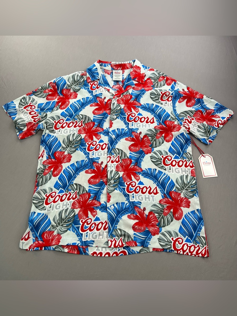 COORS LIGHT MENS TROPICAL HIBISCUS FLORAL SHORT SLEEVE BUTTON UP HAWAIIAN SHIRT